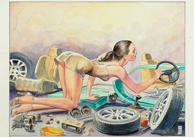 Donne e Motori, matita, china e acquerello su cartoncino