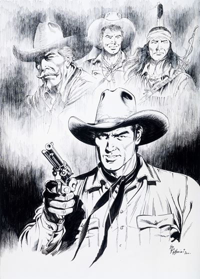 I quattro pards: Tex Willer, Kit Carson, Kit Willer e Tiger Jack, matita e china su cartoncino