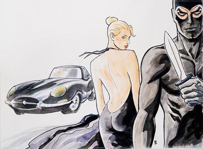 Diabolik e Eva, matita, china, acquerello e collage su cartoncino