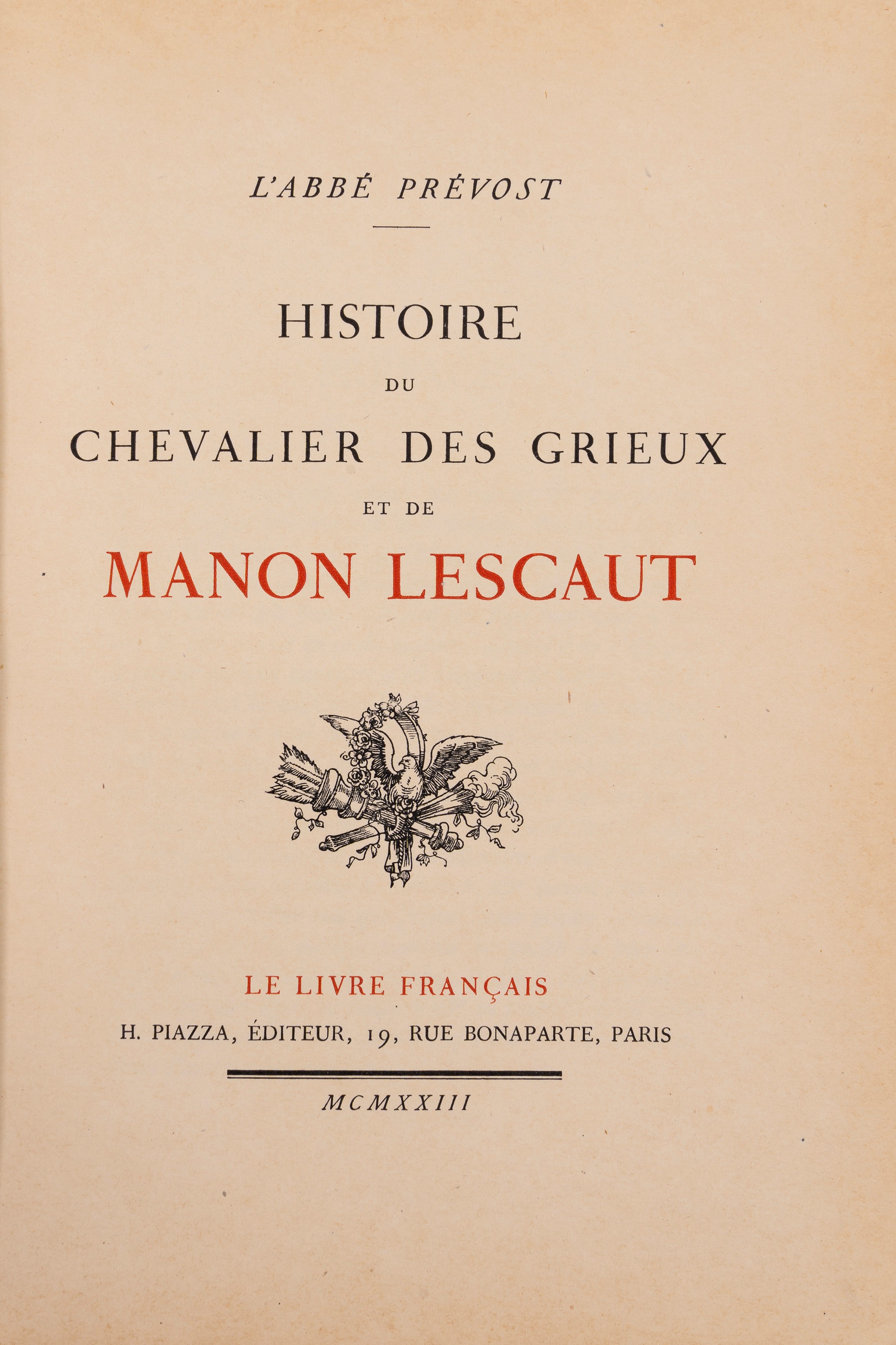 L'abbé Prevost - Histoire du chevalier des Grieux et de Manon Lescaut, legatura in pergamena con ...