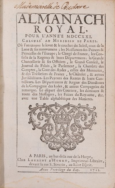 Laurent d'Houry, Almanach Royal pour l'année MDCCXXI