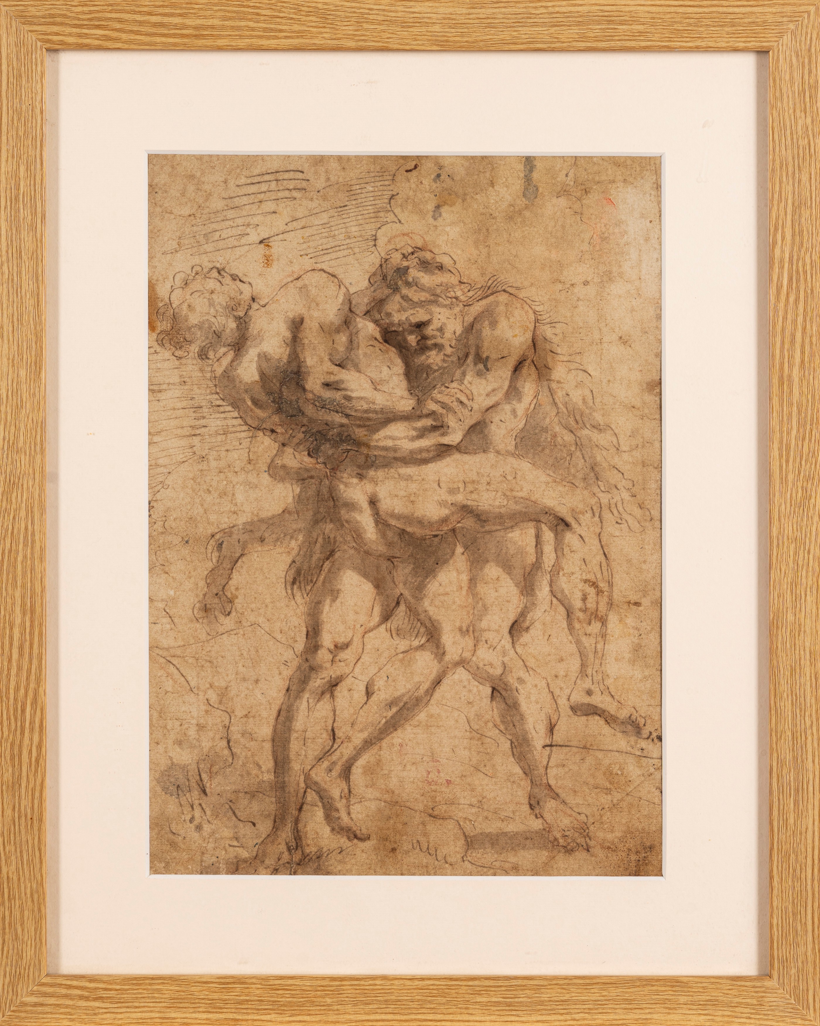 Scuola Italiana, Secolo XVII - Anonimo, Ercole e Anteo, penna, inchiostro bruno e acquerello su c...