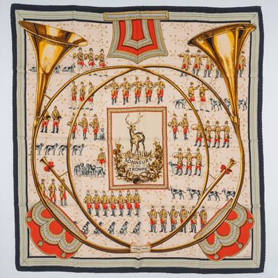 Françoise de la Perrière, Foulard Sonneur de trompe, 1961, seta su fondo bianco