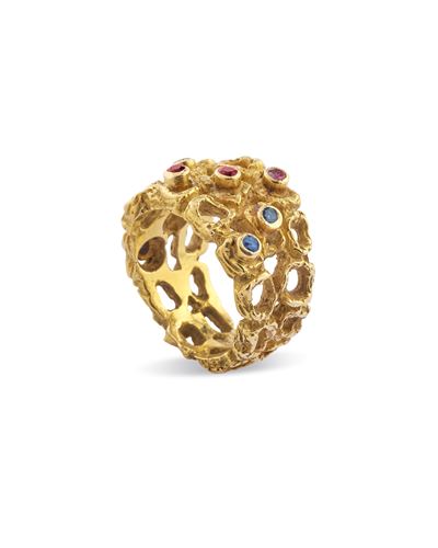 Anello in oro giallo 18k con rubini e zaffiri