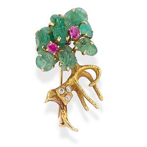 Brooch-pendant with emeralds, rubies and diamonds