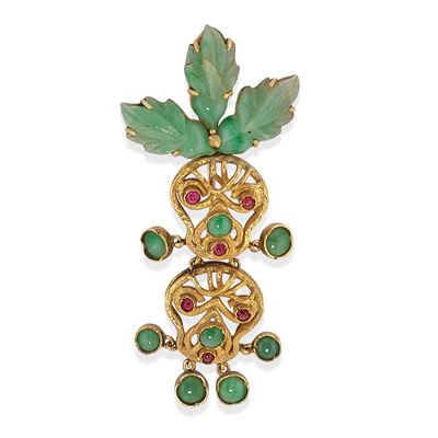 Spilla-pendente MASK, giadeite e rubini, oro giallo 18k, anni '60