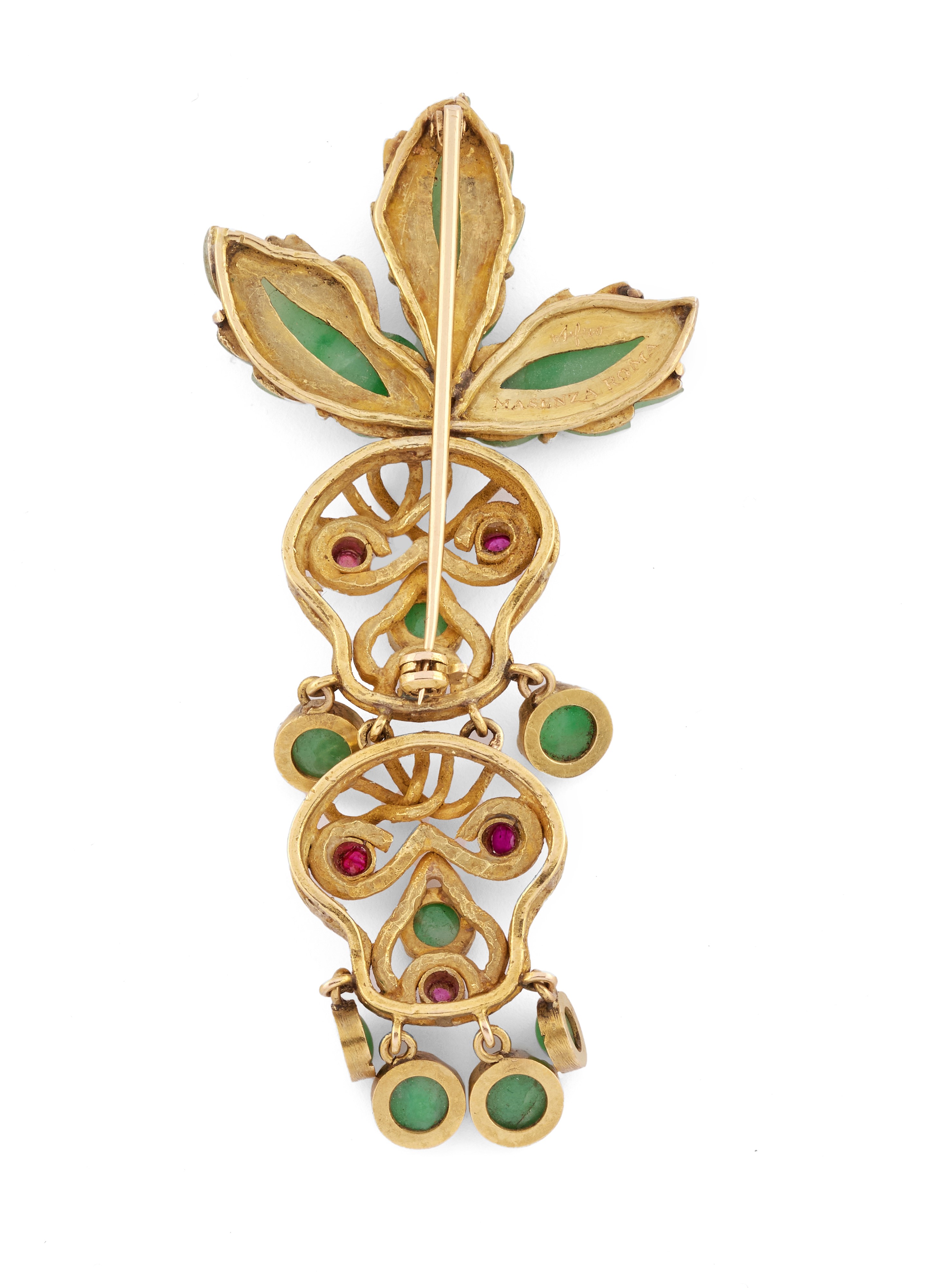 Afro per Masenza - Spilla-pendente MASK, giadeite e rubini, oro giallo 18k, anni '60