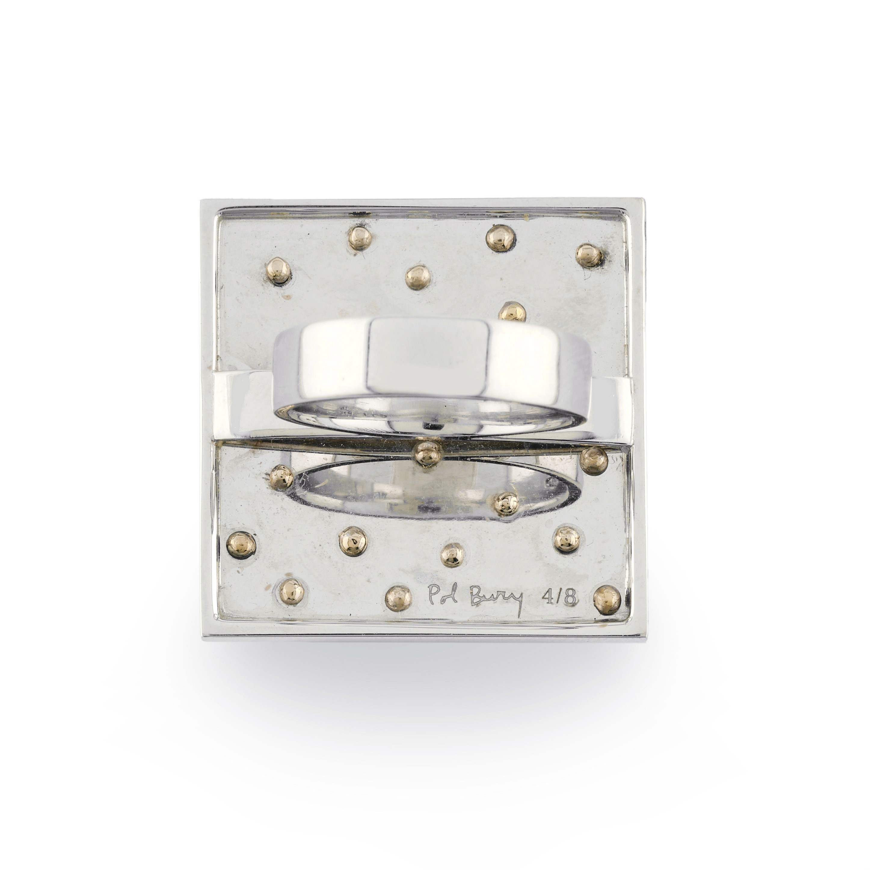 Pol Bury - Anello quadrato in oro bianco 18k con boules mobili, 2005