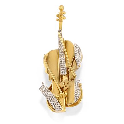 Spilla-pendente a forma di violino in oro giallo 18k con diamanti