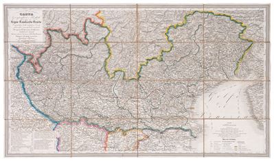Carta geografica e postale del Regno Lombardo - Veneto, incisione in rame a colori del 1852