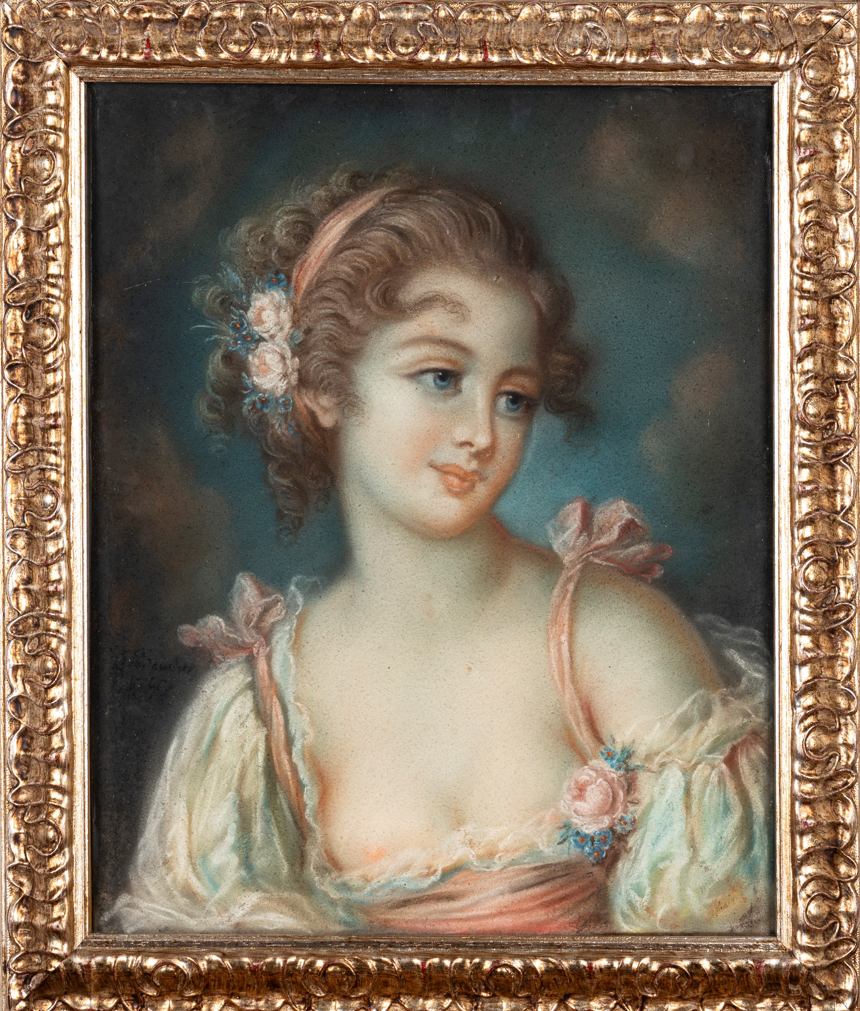 Maniera di François Boucher - Autore non identificato, Ritratto di giovane donna, pastello su car...