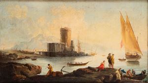 Paesaggio con velieri, figure e torre