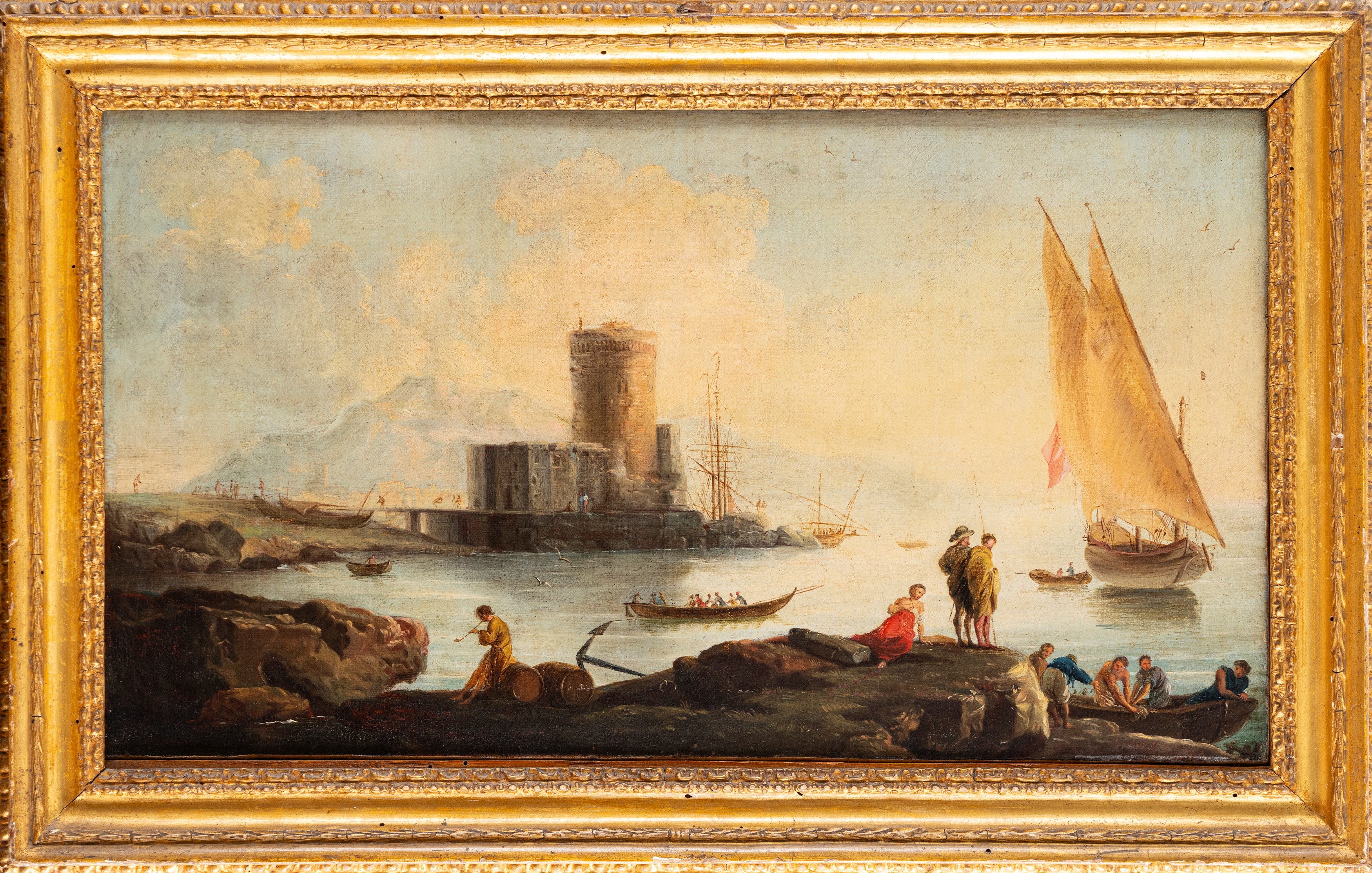 Artista Nordico Attivo in Italia, Secolo XVIII - Paesaggio con velieri, figure e torre, olio su t...