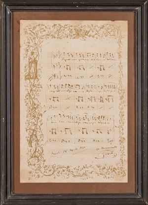 Rarissima pagina musicale autografa da La Traviata di Giuseppe Verdi, con sua dedica al pittore napoletano Mancinelli Pagina di spartito autografa, con dedica