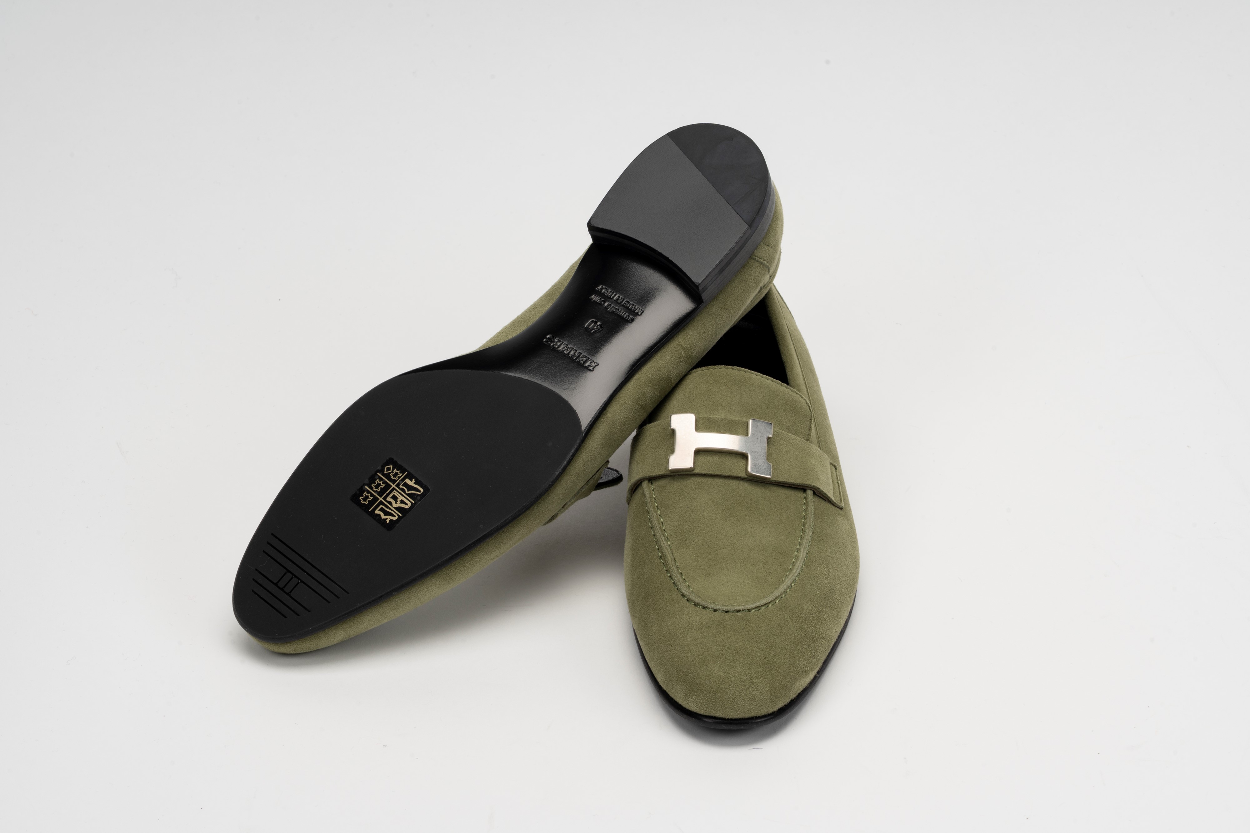 Hermès - Mocassino Paris in camoscio verde salvia, misura 40