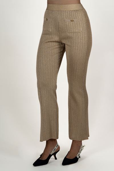 Pantaloni svasati, tessuto elasticizzato color oro con dettagli in metallo dorato, taglia 36