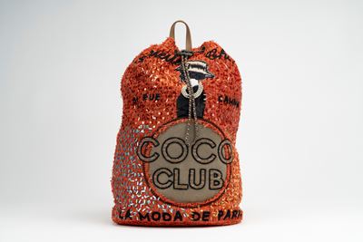 Zaino COCOCLUB, in tweed arancione con applicazioni in pelle e paillettes, edizione limitata