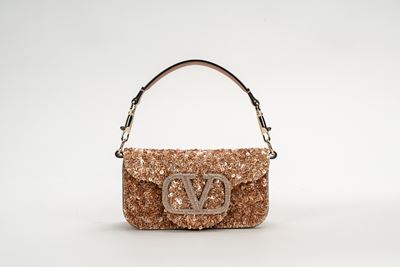 Borsa VLogo, pelle rosa cipria con ricamo di paillettes e fibbia dorata