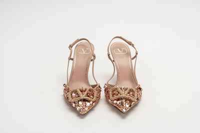 Scarpe V logo slingback, pelle rosa cipria con strass e paillettes