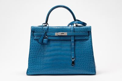 Borsa Kelly 35 Retourne, pelle di alligatore blu Mykonos con dettagli in palladio
