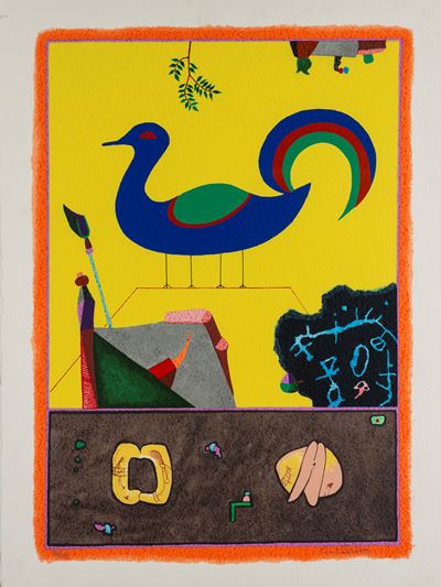 Composizione con pavone, litografia a colori