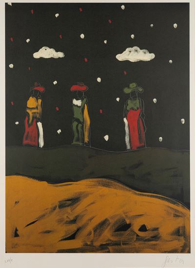 Paesaggio con tre personaggi, litografia a colori