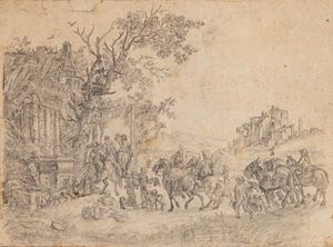 Scena di vita popolare con cavalieri presso un fontanile