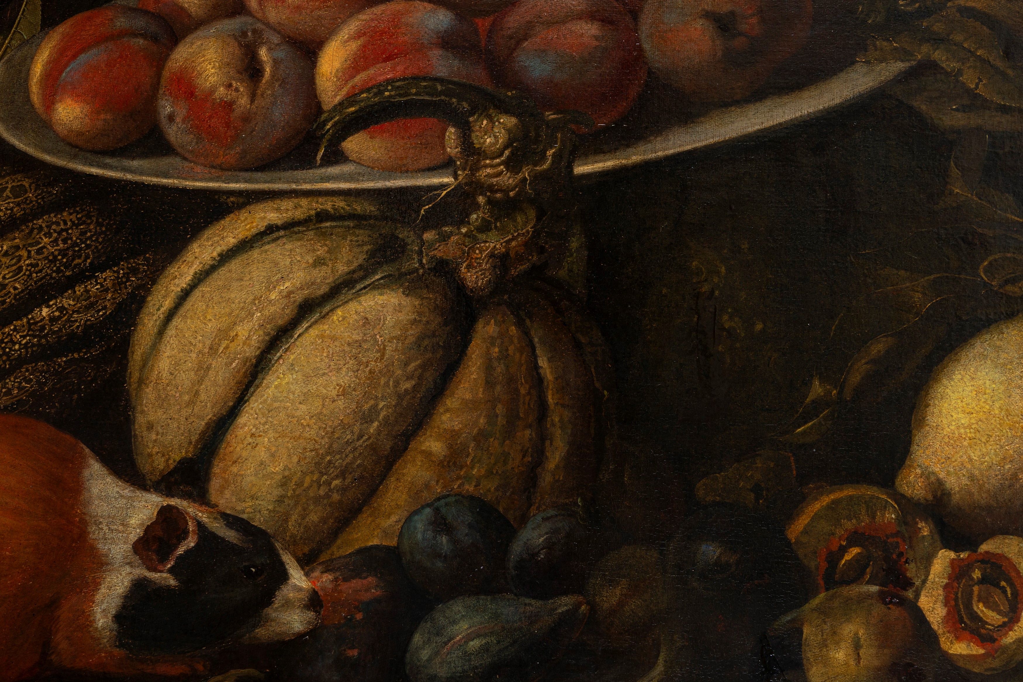 Natura morta di frutta con scimmia, porcellino d'india e volatili