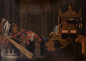 Natura morta con statua, armi e strumenti musicali in un interno con letto a baldacchino