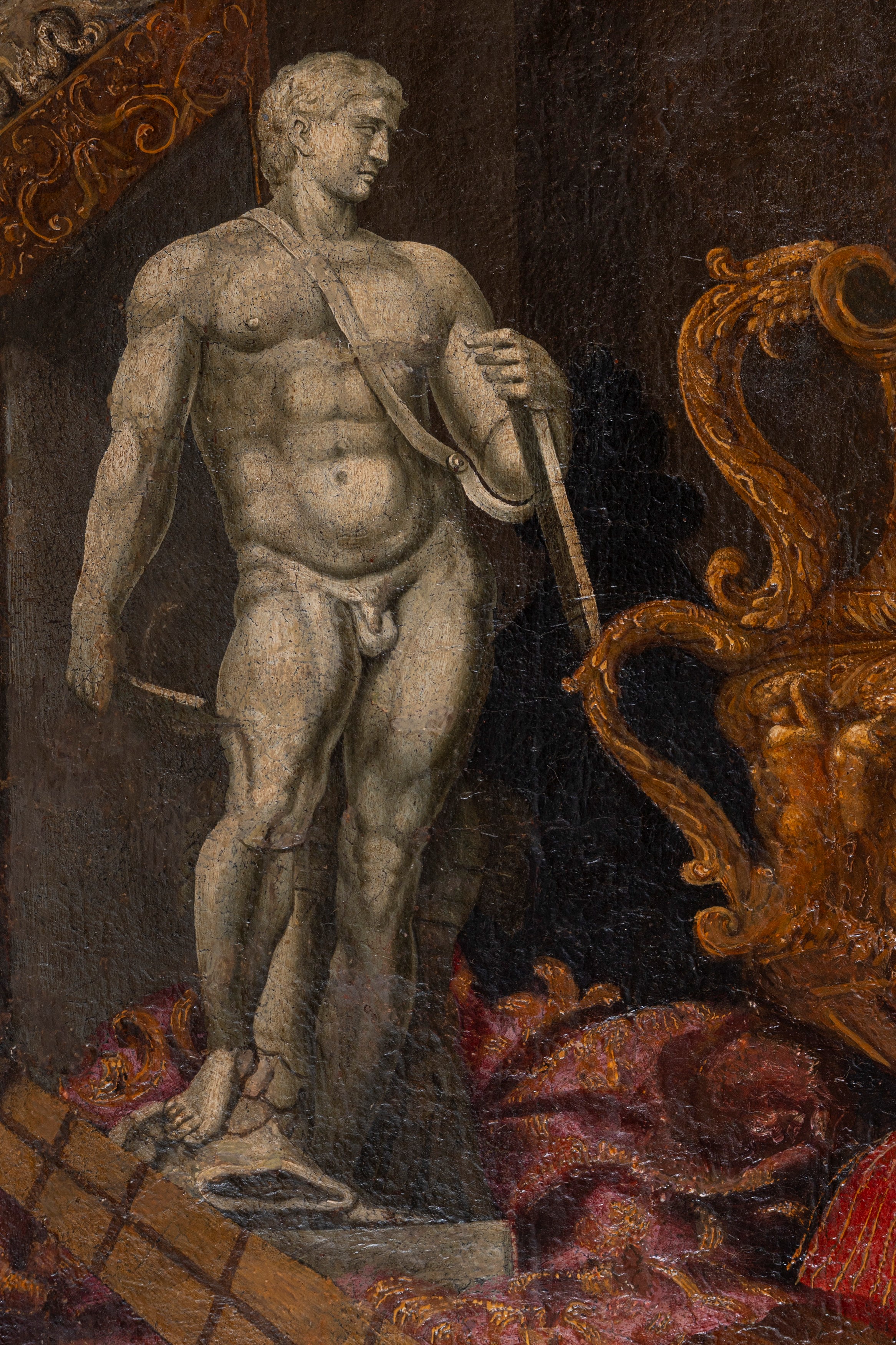 Natura morta con statua, armi e strumenti musicali in un interno con letto a baldacchino