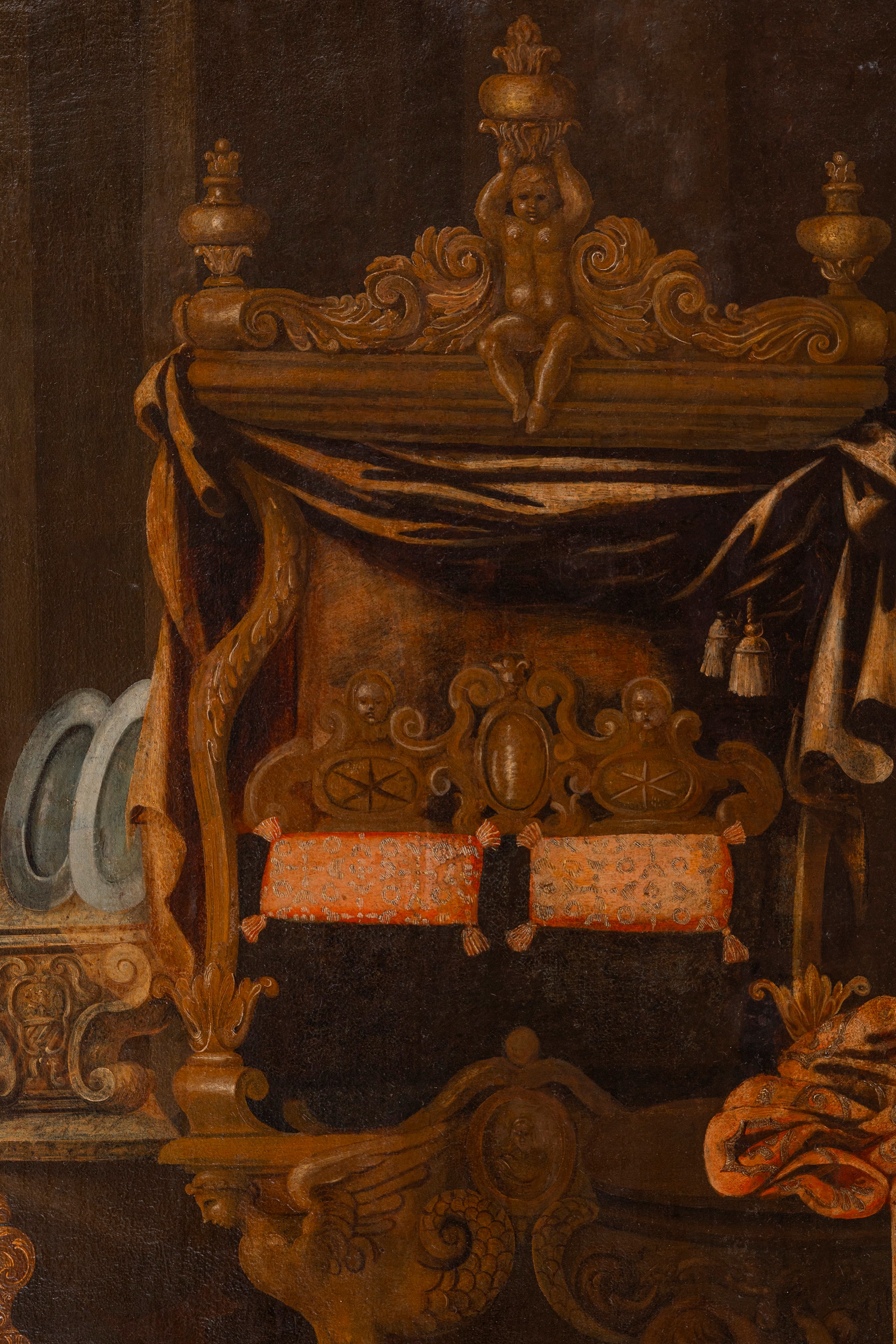 Natura morta con statua, armi e strumenti musicali in un interno con letto a baldacchino