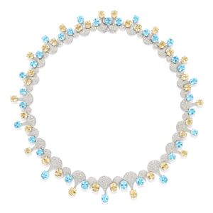 Necklace with diamonds, lemon quartz and aquamarines