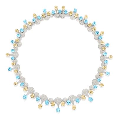 Collana in oro bianco 18k con diamanti, quarzi lemon e acquemarine