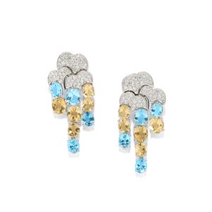Pendant earrings with diamonds, lemon quartz and aquamarines