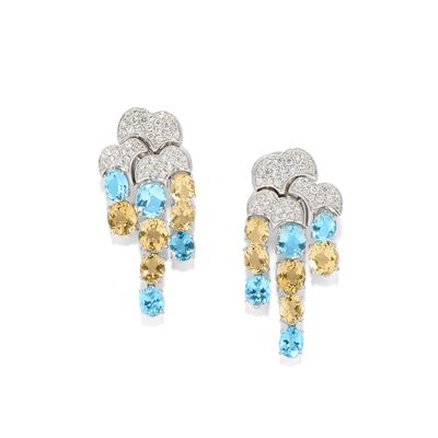 Orecchini pendenti in oro bianco 18k con diamanti e gemme