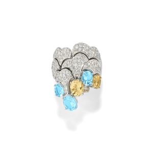 Ring with diamonds, lemon quartz and aquamarines