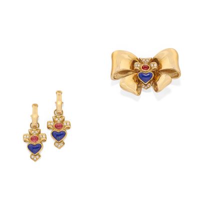 Demi-parure in oro giallo 18k con rubini, lapislazzuli e diamanti