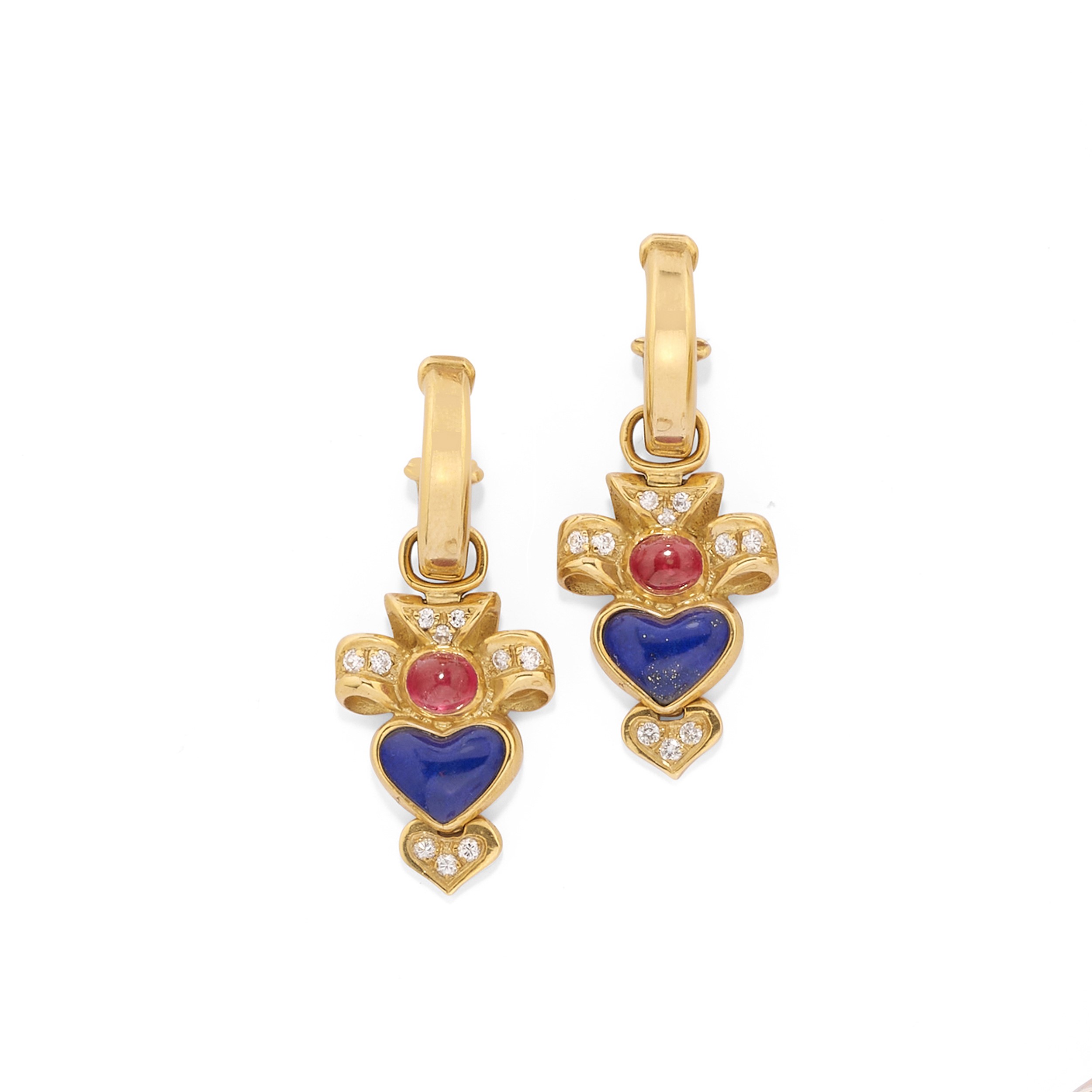 Demi-parure in oro giallo 18k con rubini, lapislazzuli e diamanti