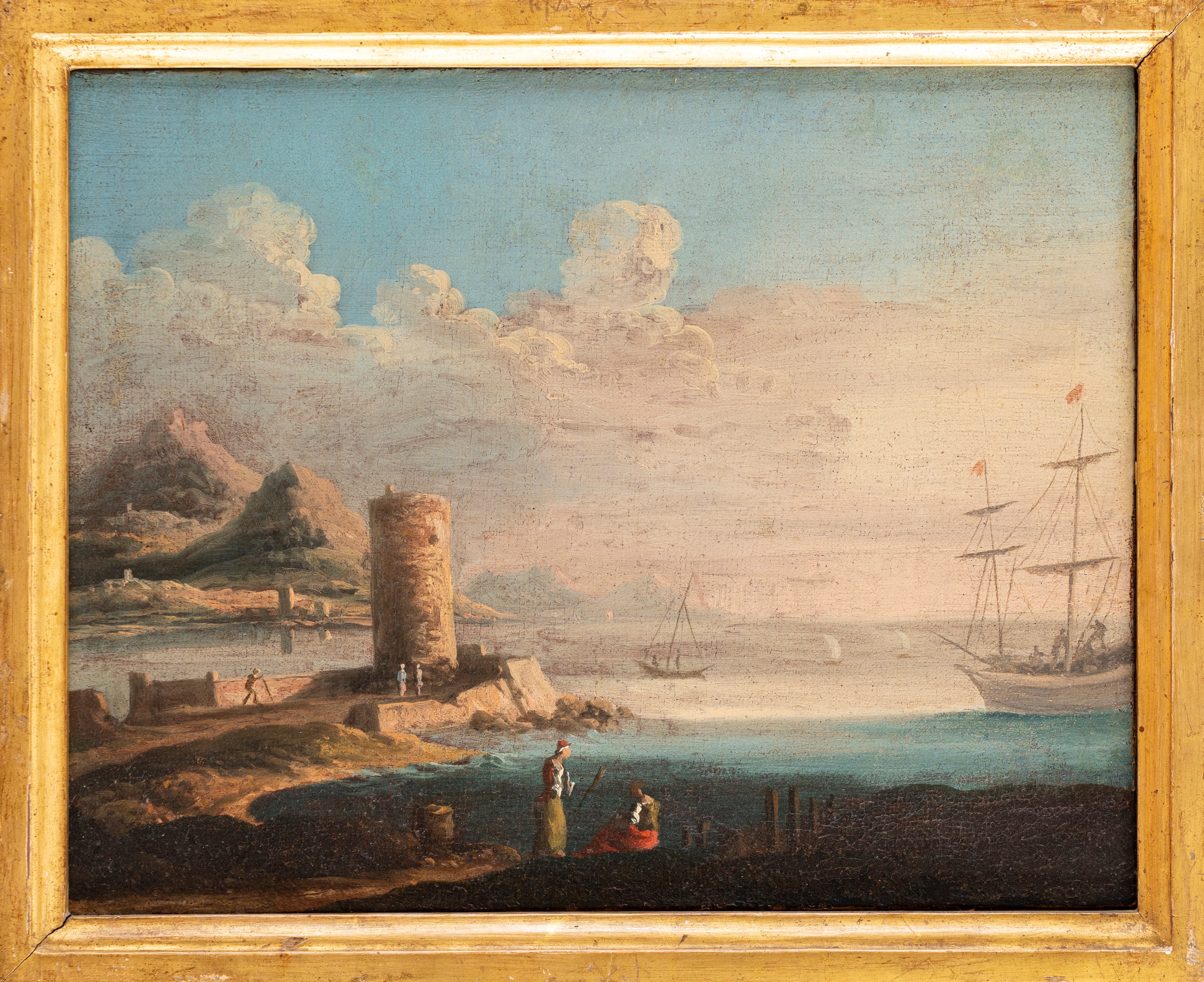 Alessio De Marchis - Paesaggio con torre circolare e figure in primo piano, olio su tela