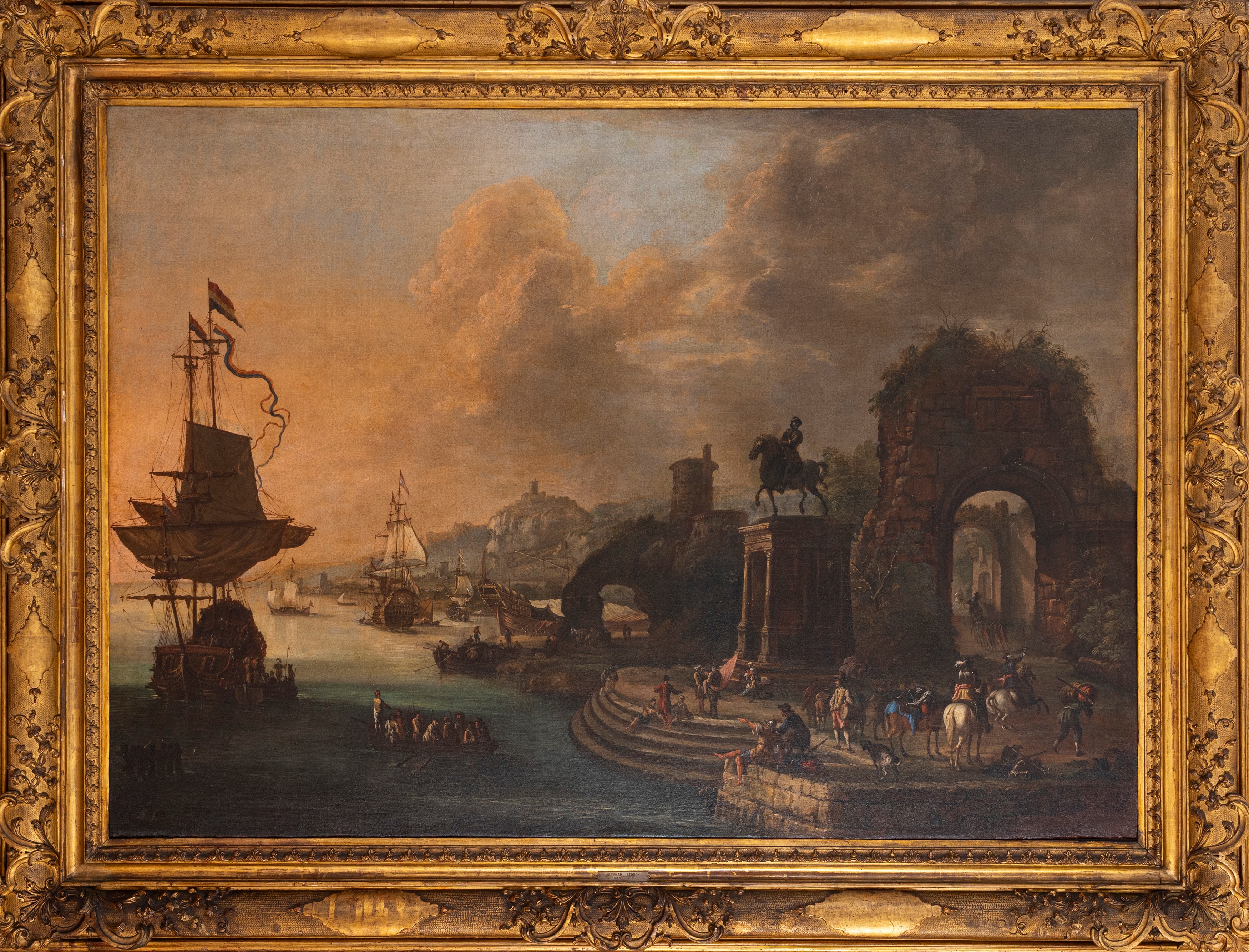 Abraham Storck - Scena di porto con velieri e soldati, olio su tela