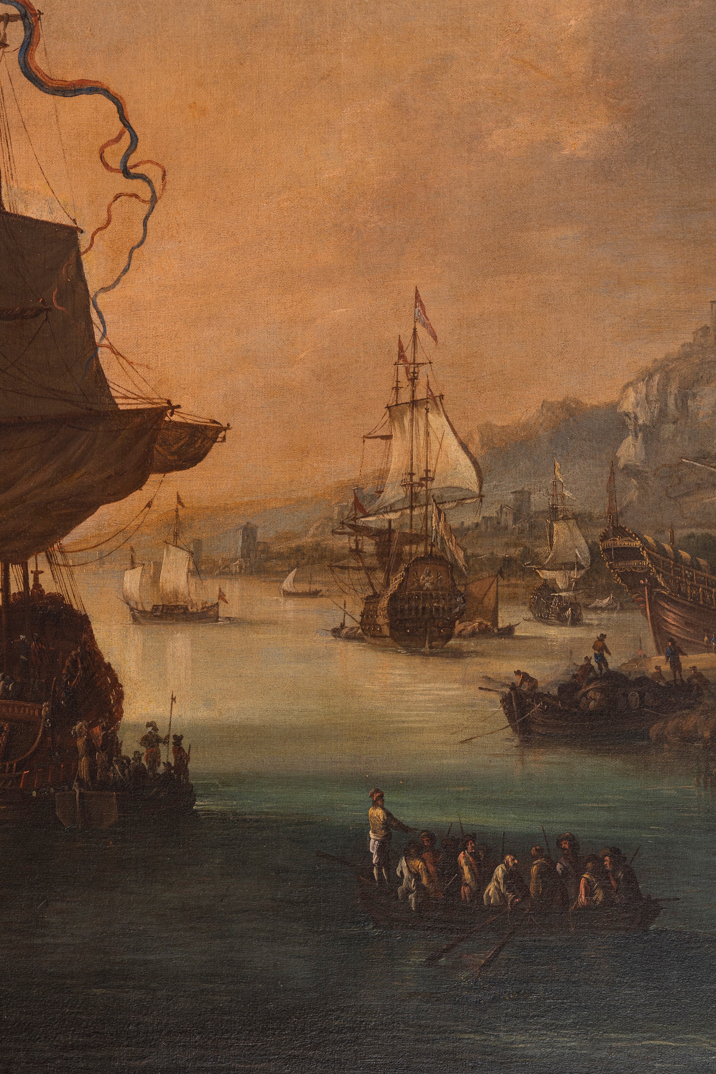Abraham Storck - Scena di porto con velieri e soldati, olio su tela