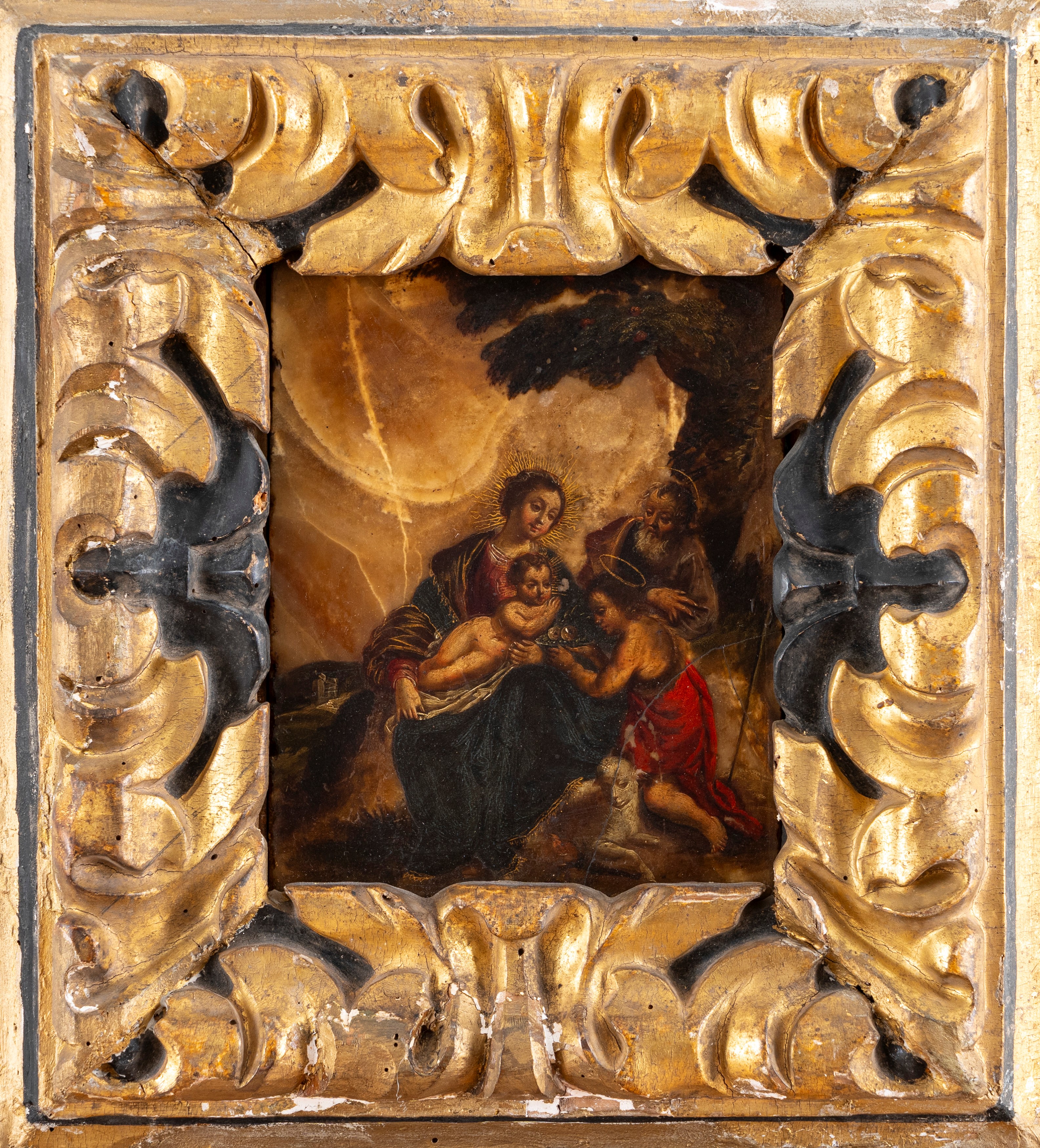 Scuola Veneta, Secolo XVII - Sacra Famiglia con San Giovannino, olio su pietra