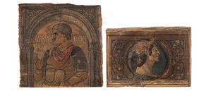 Due tavelle da soffitto con profili di guerrieri