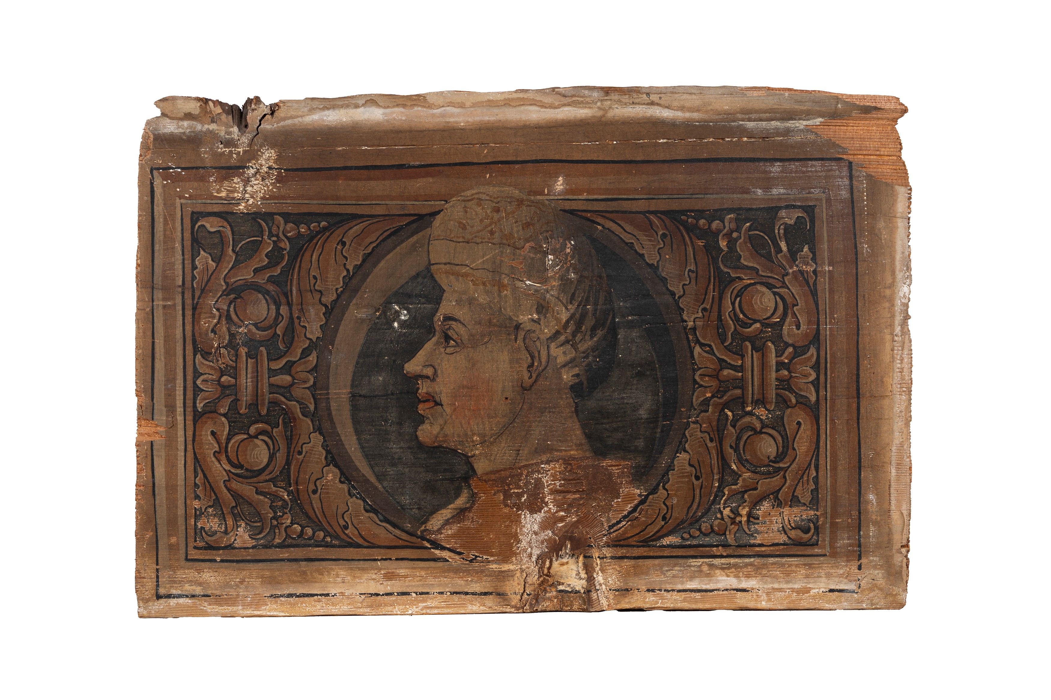 Scuola Lombarda, Secolo XVI - Due tavelle da soffitto con profilo maschile e profilo femminile, t...
