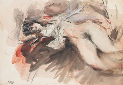 Figura femminile distesa, carboncino e acquerello su cartoncino
