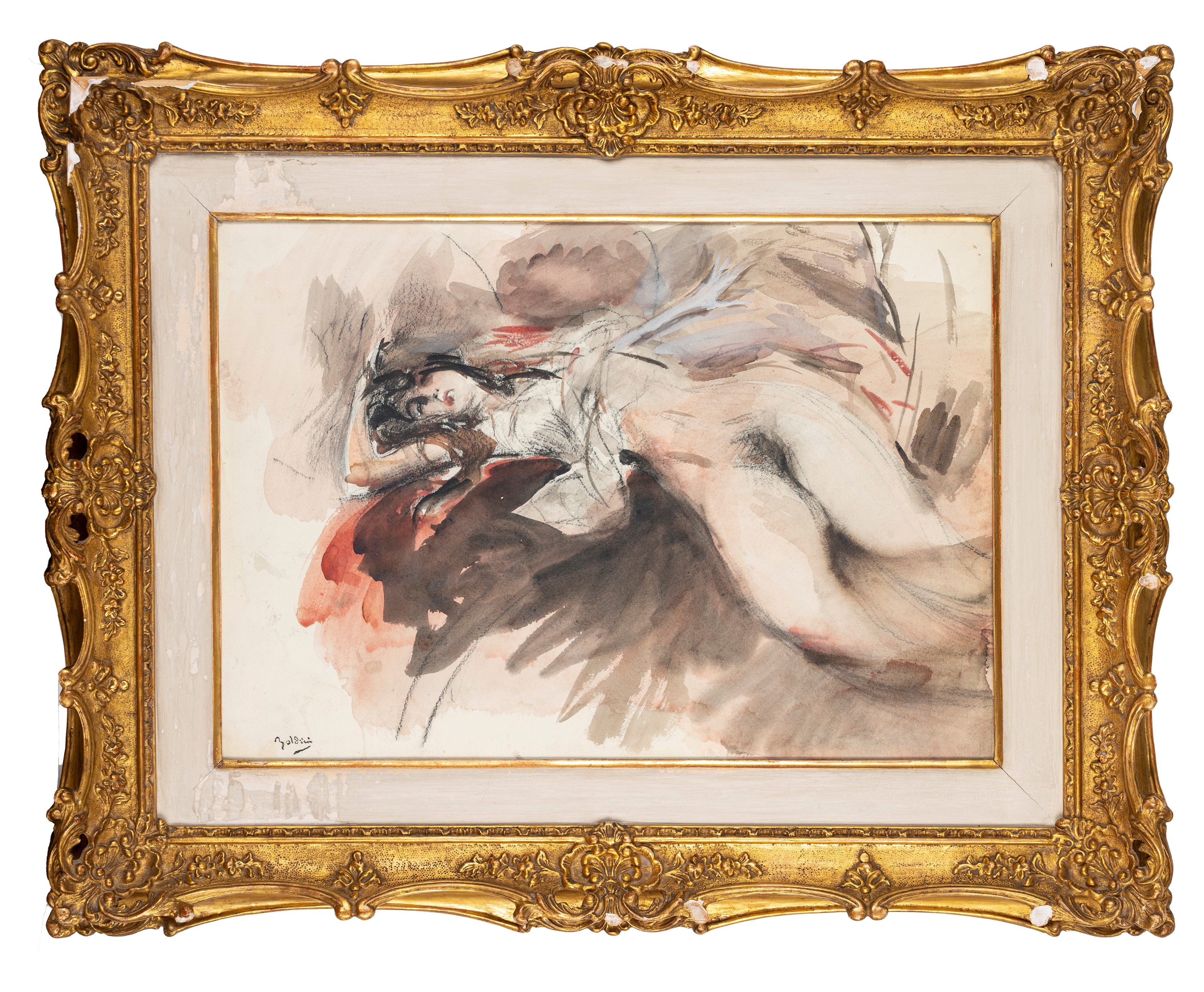 Giovanni Boldini - Figura femminile distesa, carboncino e acquerello su cartoncino