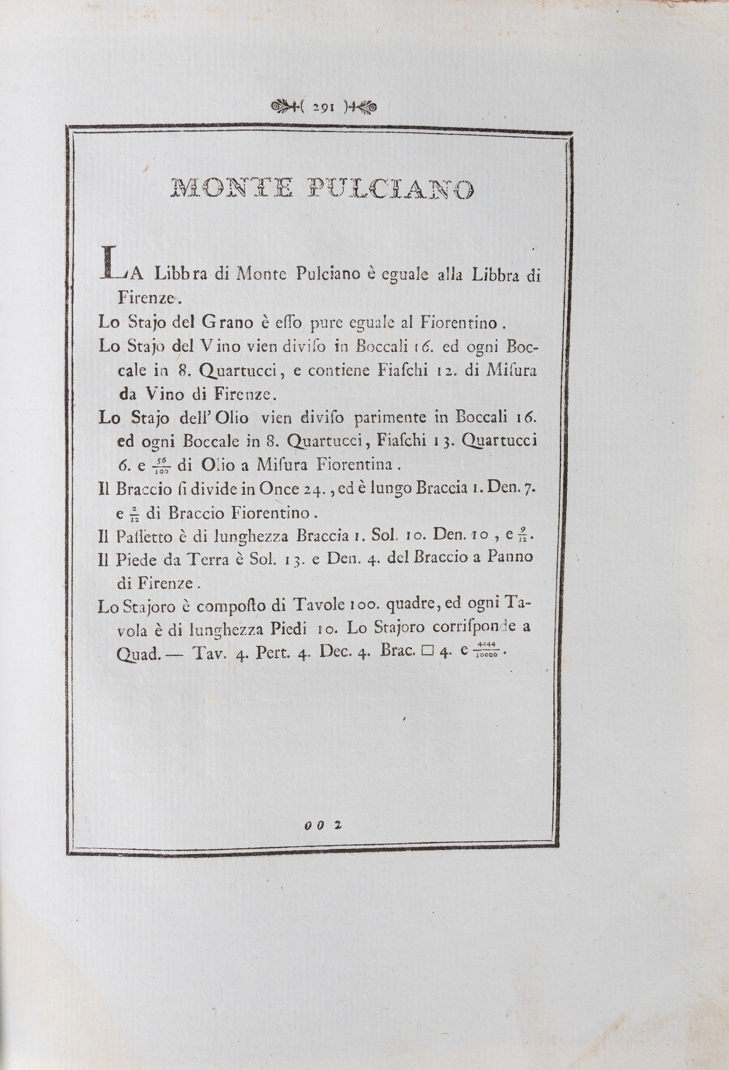 Trattato sui pesi e misure nel Granducato di Toscana, Tavole di ragguaglio, prima edizione del 17...