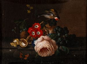 Rosa, primule, uve nere e un cardellino