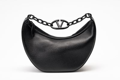 Borsa VLogo Moon, pelle martellata nera con manico in metallo