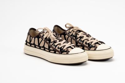 Sneakers, in tela bicolore nero ed ecrù con profili in pelle marrone, misura 39